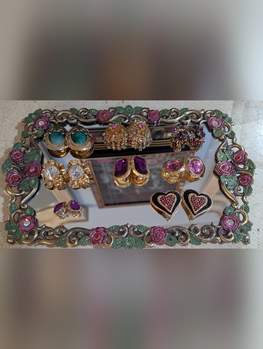 Gold-Plated Pink and Purple Gemstone Heart Clip On Earrings - Women Jewelry